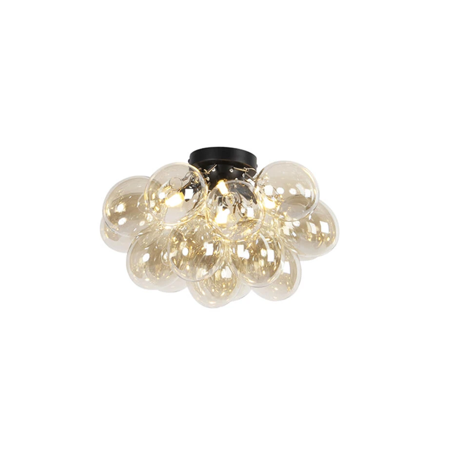 QAZQA Design Plafondlamp Zwart Met Amber Glas 4-lichts - Uvas 1 QAZQA Design Plafondlamp Zwart Met Amber Glas 4-lichts - Uvas