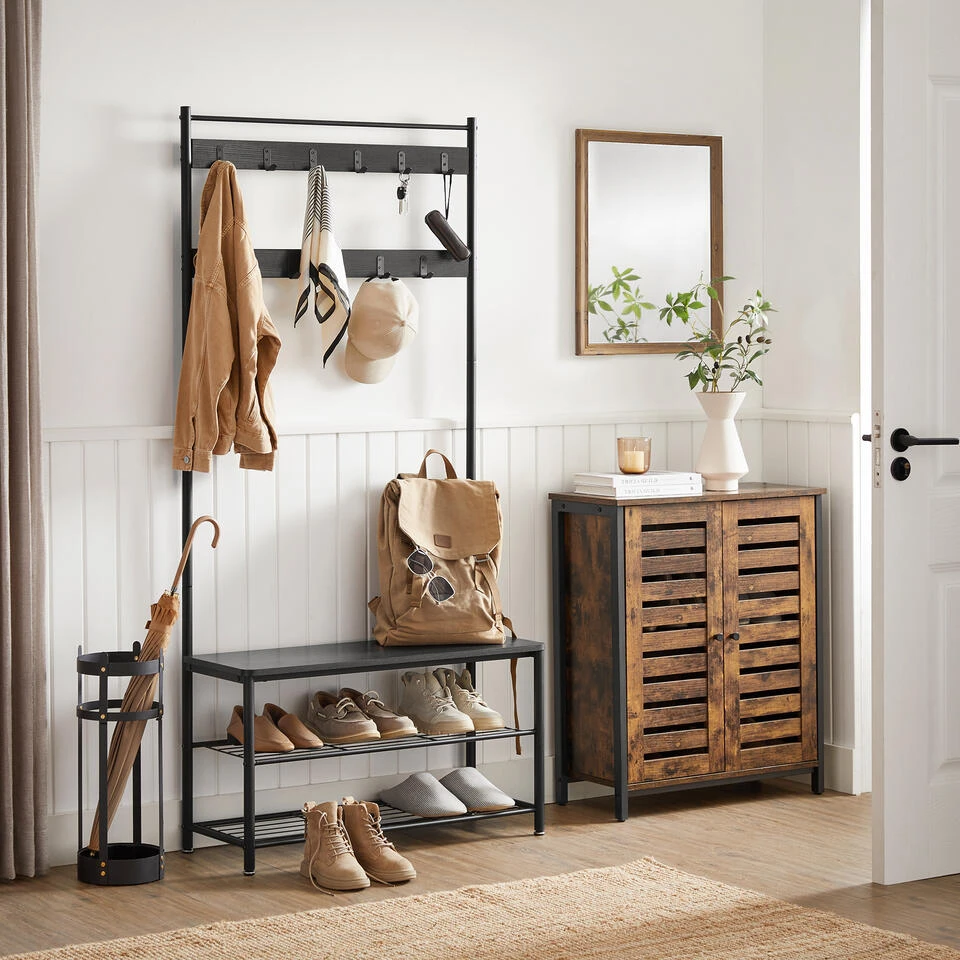 ACAZA XL Garderoberek Met Schoenenbank, Kapstok En Schoenenrek, 11 Haken, Zwart 2 ACAZA XL Garderoberek Met Schoenenbank, Kapstok En Schoenenrek, 11 Haken, Zwart - Afbeelding 2