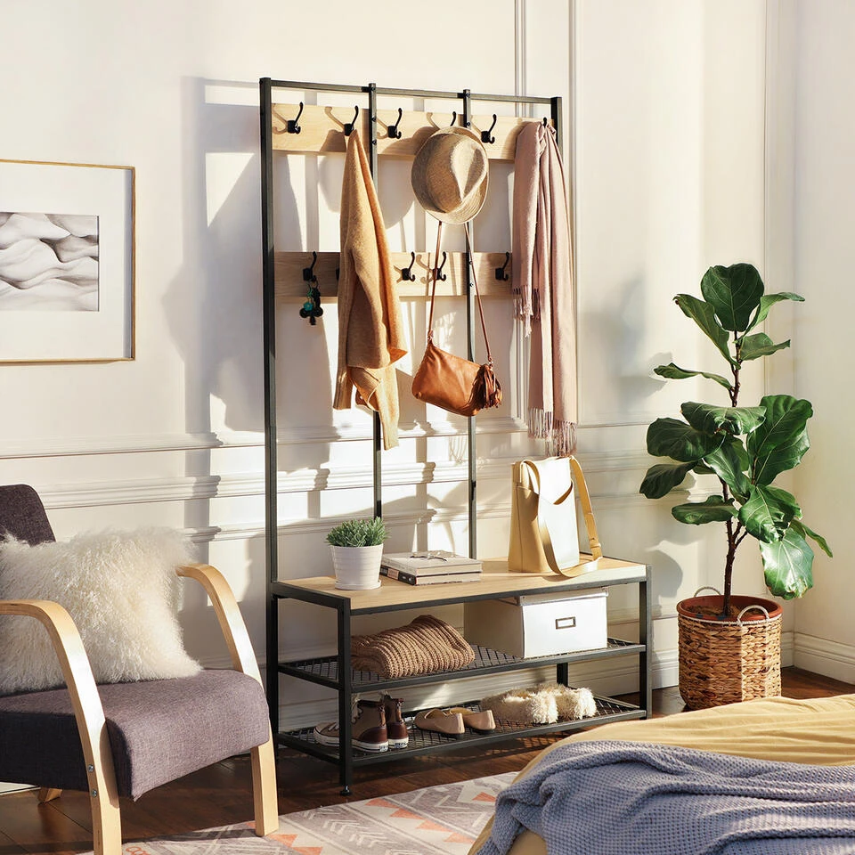 ACAZA Garderoberek Met Bankje, 100cm Breed, Kapstok En Schoenenrek - Lichte Eik 2 ACAZA Garderoberek Met Bankje, 100cm Breed, Kapstok En Schoenenrek - Lichte Eik - Afbeelding 2