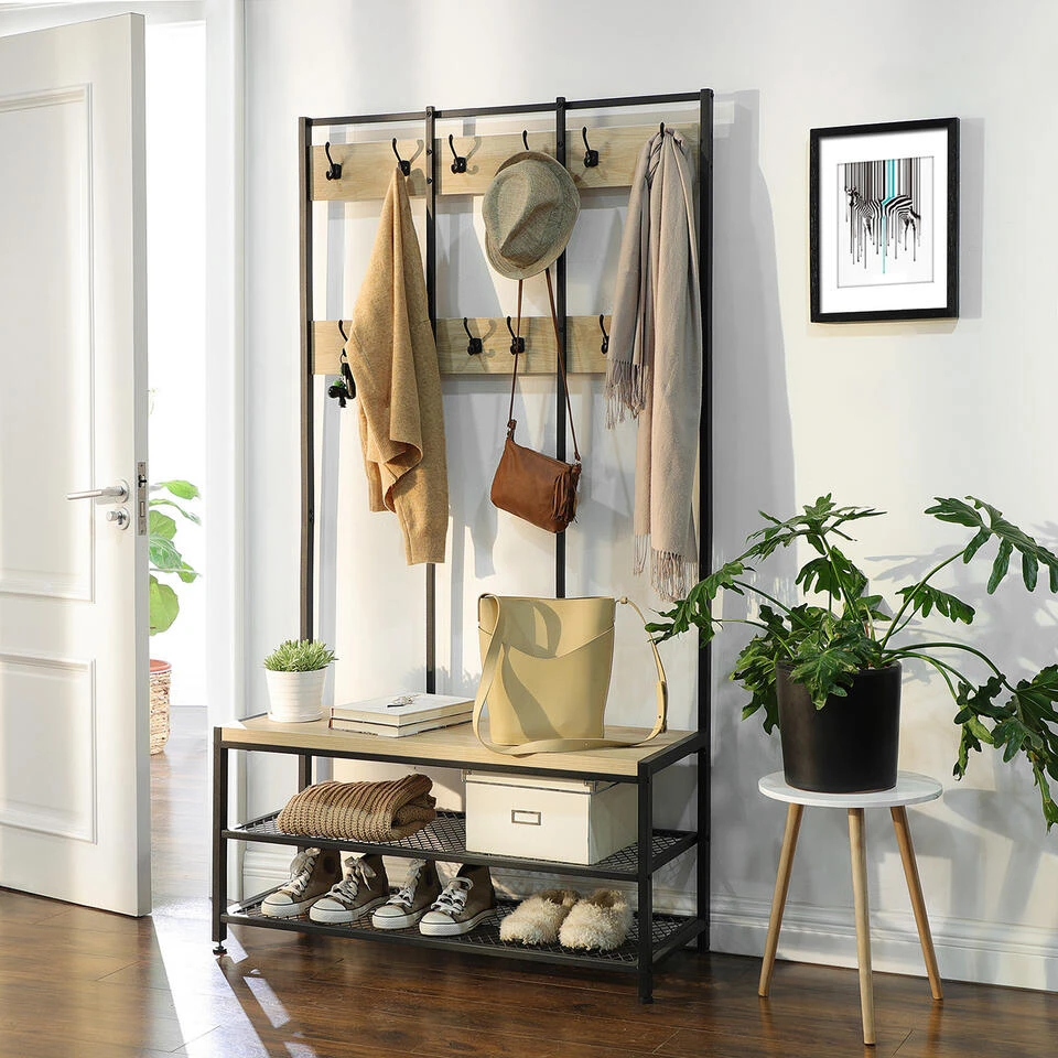 ACAZA Garderoberek Met Bankje, 100cm Breed, Kapstok En Schoenenrek - Lichte Eik 3 ACAZA Garderoberek Met Bankje, 100cm Breed, Kapstok En Schoenenrek - Lichte Eik - Afbeelding 3