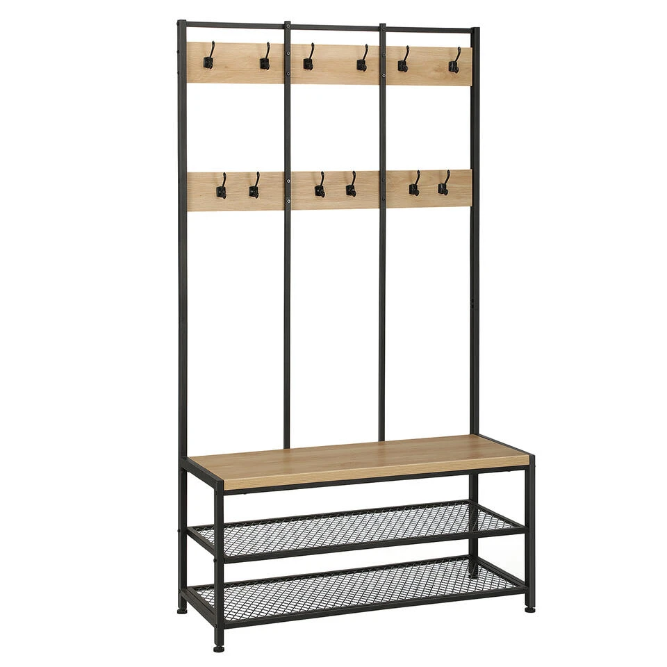 ACAZA Garderoberek Met Bankje, 100cm Breed, Kapstok En Schoenenrek - Lichte Eik 4 ACAZA Garderoberek Met Bankje, 100cm Breed, Kapstok En Schoenenrek - Lichte Eik - Afbeelding 4