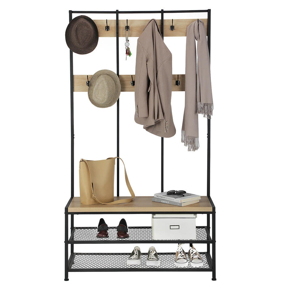 ACAZA Garderoberek Met Bankje, 100cm Breed, Kapstok En Schoenenrek - Lichte Eik 1 ACAZA Garderoberek Met Bankje, 100cm Breed, Kapstok En Schoenenrek - Lichte Eik