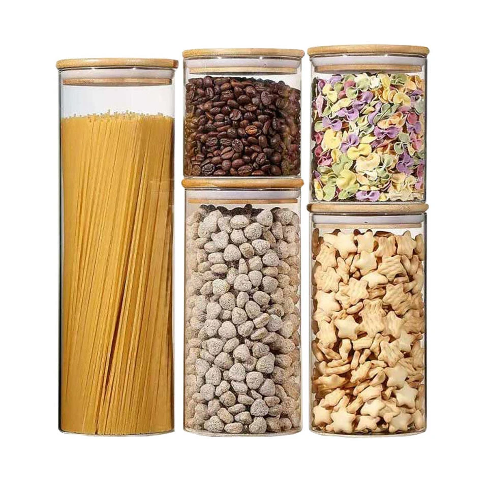 LW Collection Voorraadpotten Glas 5 Stuks Met Bamboe Deskel 1 LW Collection Voorraadpotten Glas 5 Stuks Met Bamboe Deskel