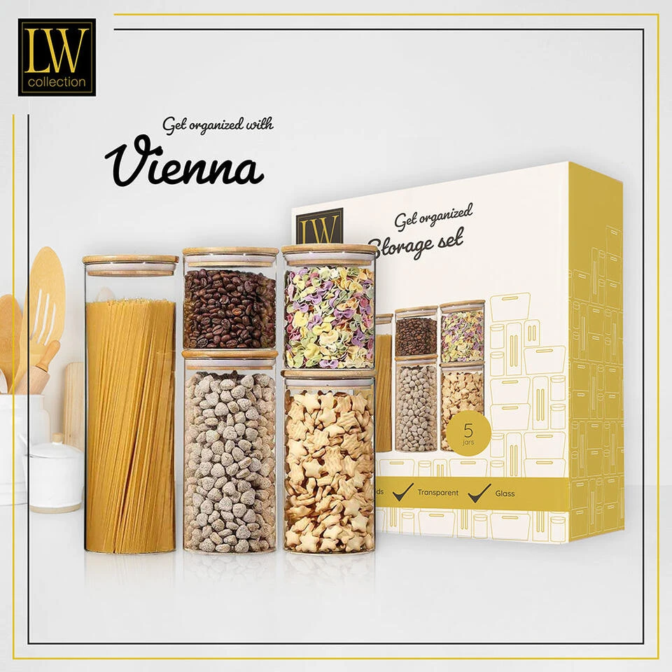 LW Collection Voorraadpotten Glas 5 Stuks Met Bamboe Deskel 3 LW Collection Voorraadpotten Glas 5 Stuks Met Bamboe Deskel - Afbeelding 3