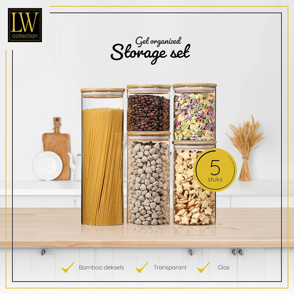 LW Collection Voorraadpotten Glas 5 Stuks Met Bamboe Deskel 2 LW Collection Voorraadpotten Glas 5 Stuks Met Bamboe Deskel - Afbeelding 2